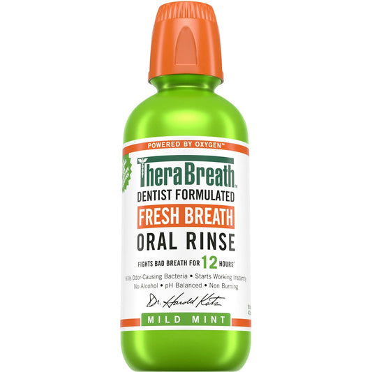 TheraBreath Oral Rinse Fresh Mild Mint mouthwash in 16 fl oz bottle by Pasteur Pharmacy, showing the mint-flavored mouthwash.