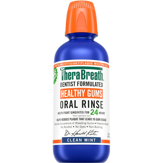 TheraBreath Oral Rinse by Pasteur Pharmacy in 16 oz bottle, fresh mint flavor for healthy gums and clean mouth.