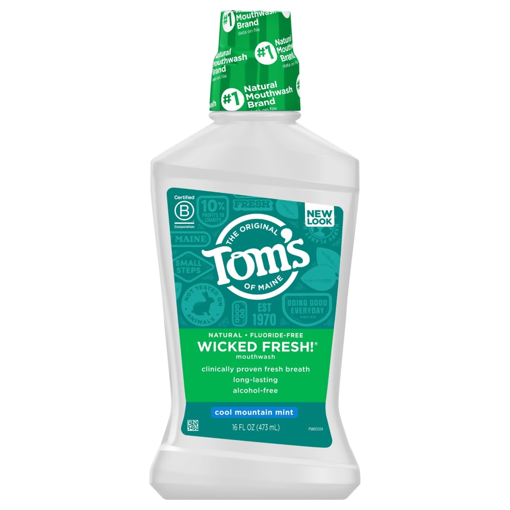 Tom's of Maine Cool Mountain Mint Mouthwash in 16 oz bottle, promoting fresh breath and oral freshness.