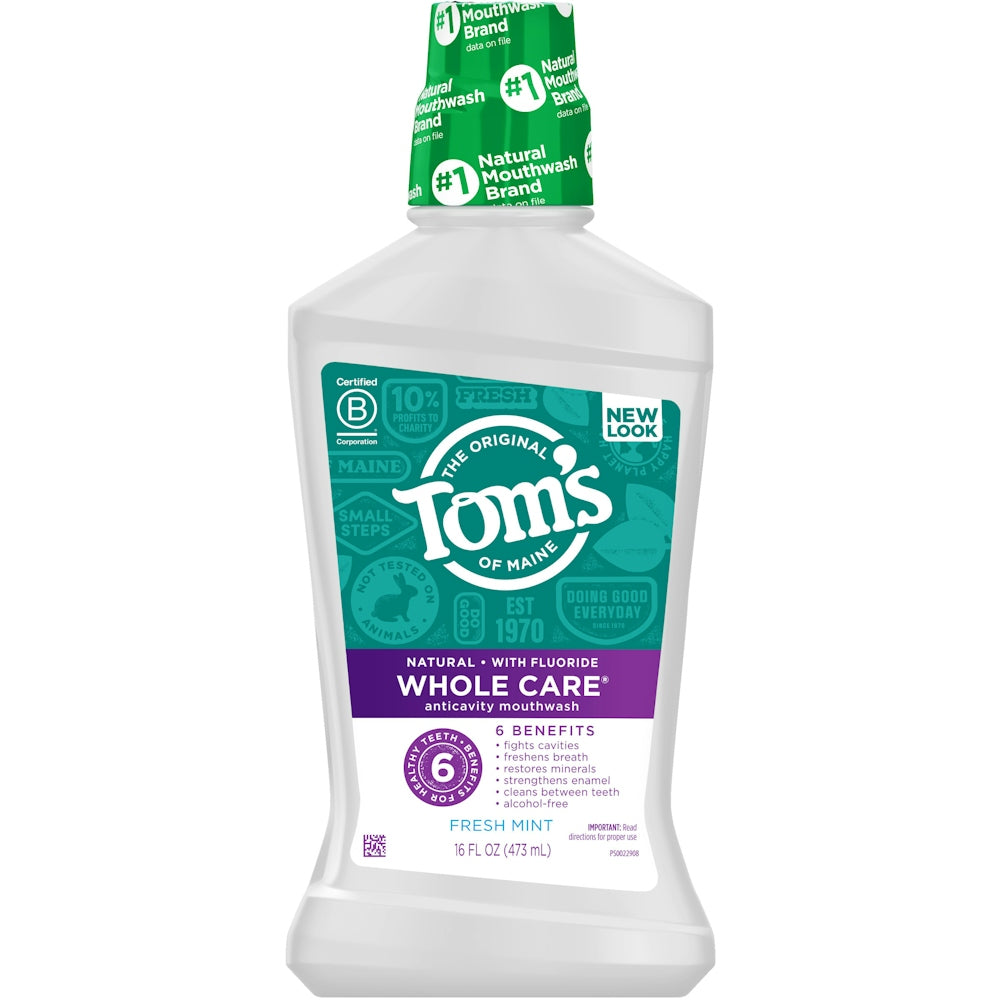 Tom's Of Maine Whole Care Fresh Mint Fluoride Mouthwash in 16 oz bottle, natural oral rinse for fresh breath and clean teeth