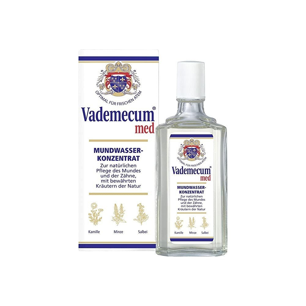 Vademecum Med Concentrate Mouthwash in a 75 ml bottle, designed for oral hygiene by Pasteur Pharmacy.