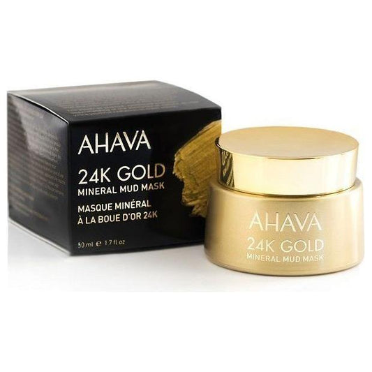 Ahava 24K Gold Mineral Mud Mask in a 1.7 oz jar, nourishing skincare product with gold mineral ingredients.