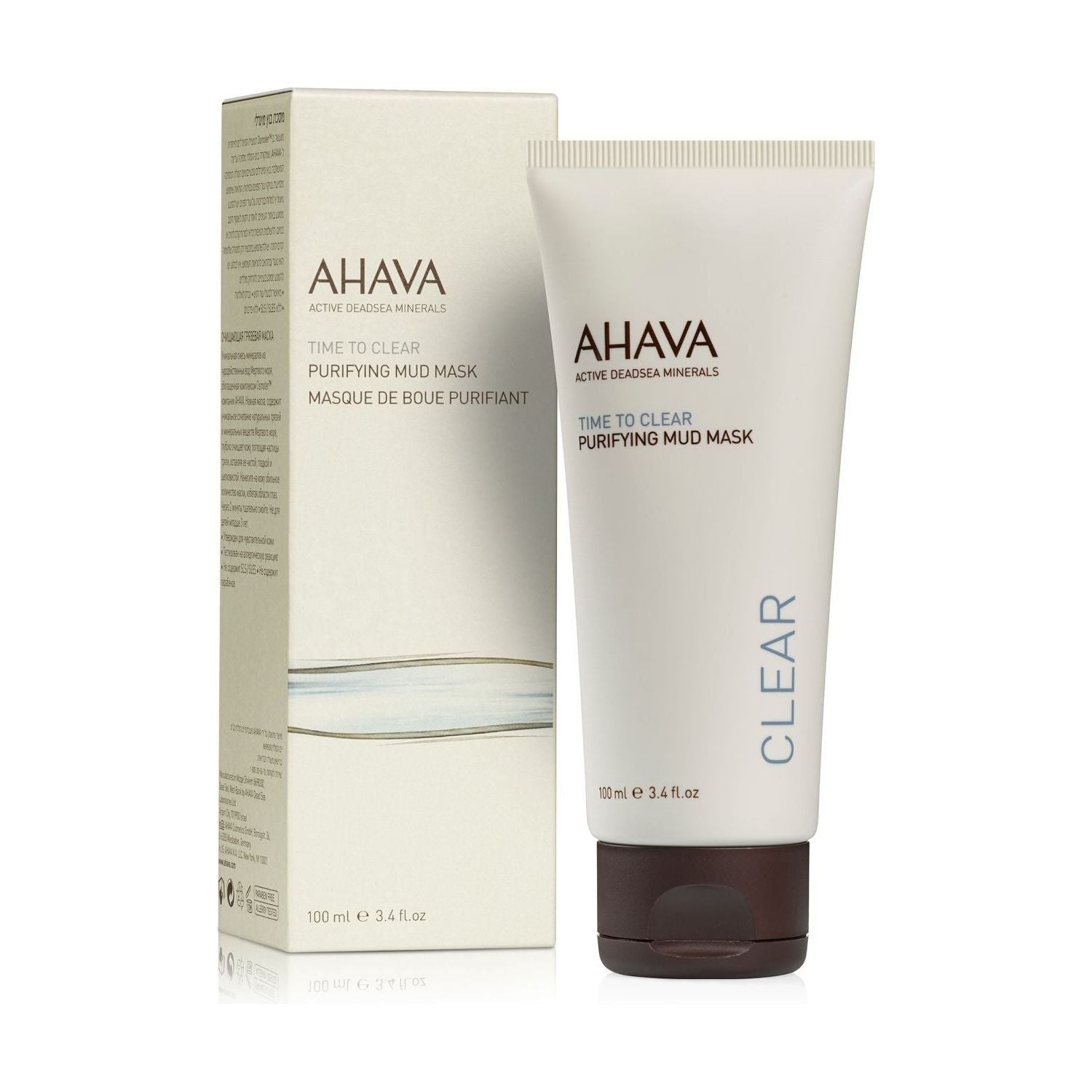 Ahava Time To Clear Purifying Mud Mask in a 3.4 oz jar, with creamy gray mud texture for deep cleansing and skin purification.