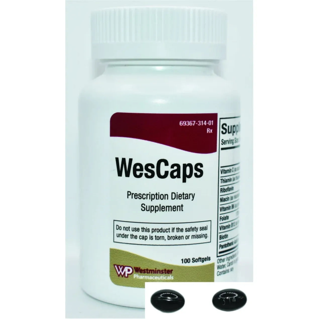 Wescaps GC 100 Rx multivitamin bottle from Pasteur Pharmacy, featuring colorful label with supplement details and capsule images.