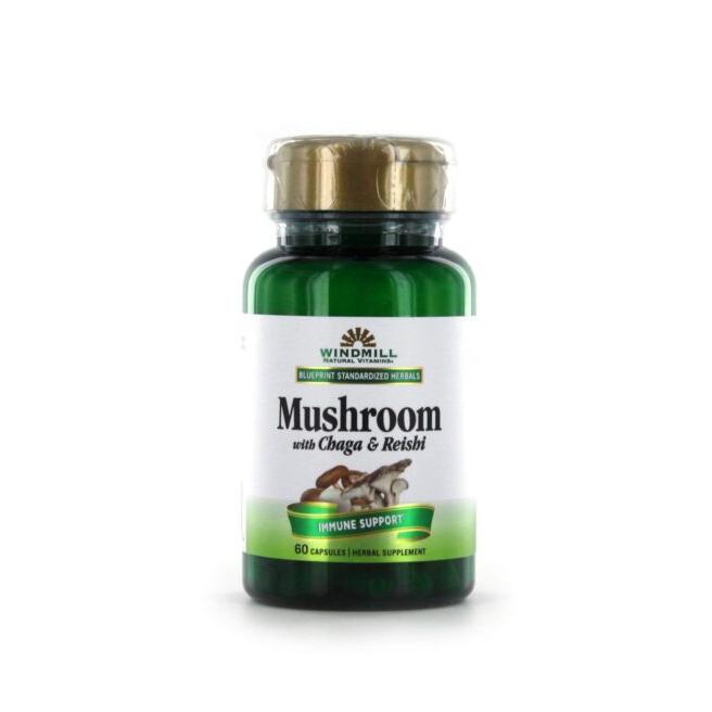 Windmill Mushroom supplement with Chaga and Reishi mushrooms in a bottle, supporting immune health, by Pasteur Pharmacy.