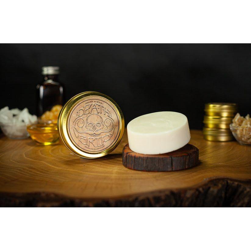 Death Grip Night Fury Mustache Wash Shampoo Bar by Pasteur Pharmacy, 4 oz, natural mustache grooming product with a sleek bar design.