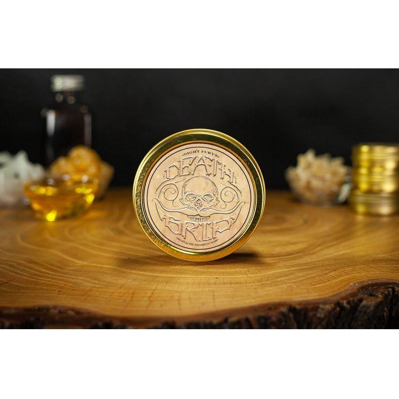 Death Grip Night Fury Mustache Wash Shampoo Bar by Pasteur Pharmacy, 4 oz, natural grooming product for mustache care.
