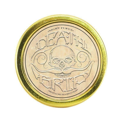 Death Grip Night Fury Mustache Wash Shampoo Bar by Pasteur Pharmacy, 4 oz, natural mustache grooming product with a sleek bar shape.