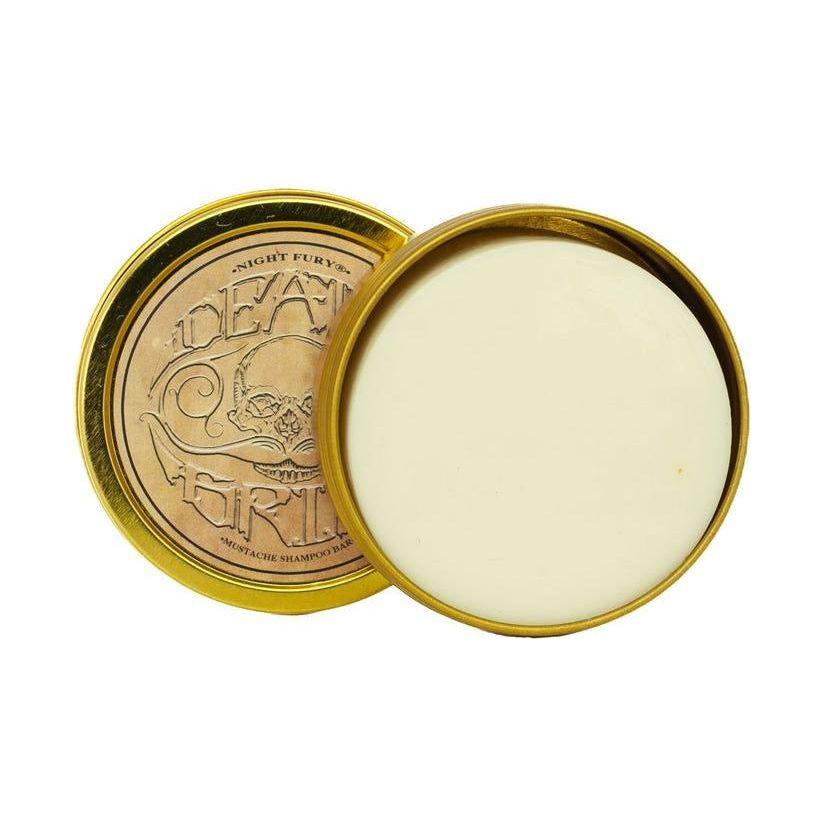 Death Grip Night Fury Mustache Wash Shampoo Bar by Pasteur Pharmacy, 4 oz, close-up of the mustache wash shampoo bar.