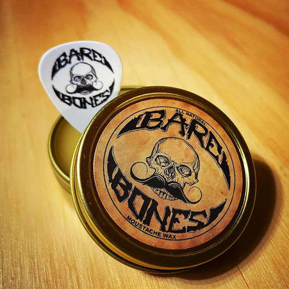 Death Grip Bare Bones mustache wax by Pasteur Pharmacy, all-natural medium hold with 1 oz size, shown in a jar with label.