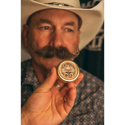 Death Grip Extra Strong Hold Mustache Wax by Pasteur Pharmacy, 1 oz, showcasing the wax container with branding and product label.