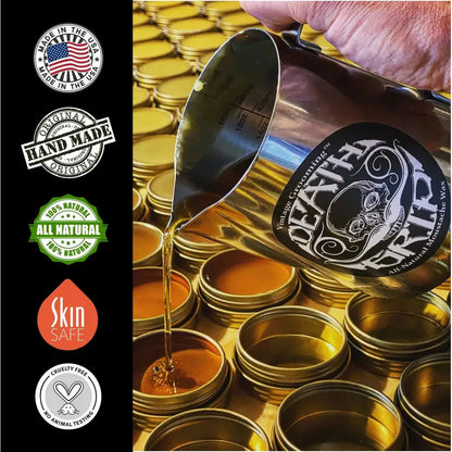 Close-up of Pasteur Pharmacy Death Grip Mustache Wax in 1 oz container with a strong hold for styling mustaches.