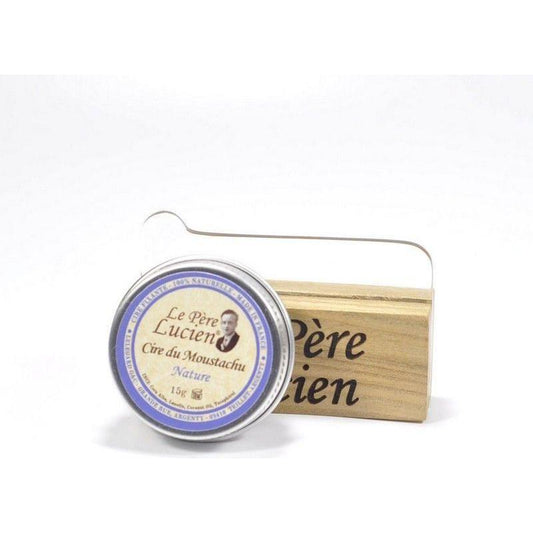 Le Pere Lucien Nature 100% Natural Mustache Wax by Pasteur Pharmacy, 15g, with a tin container and natural ingredients.