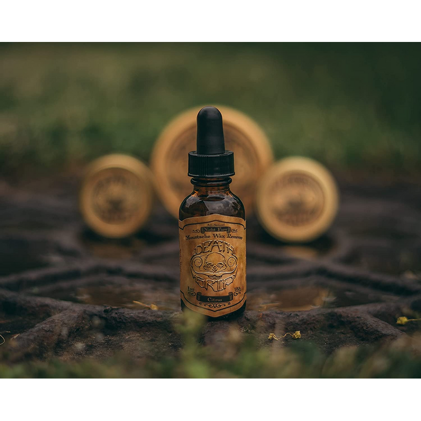 Death Grip Night Fury Mustache Wax Remover from Pasteur Pharmacy in 1 oz bottle, shown with applicator brush and product label.