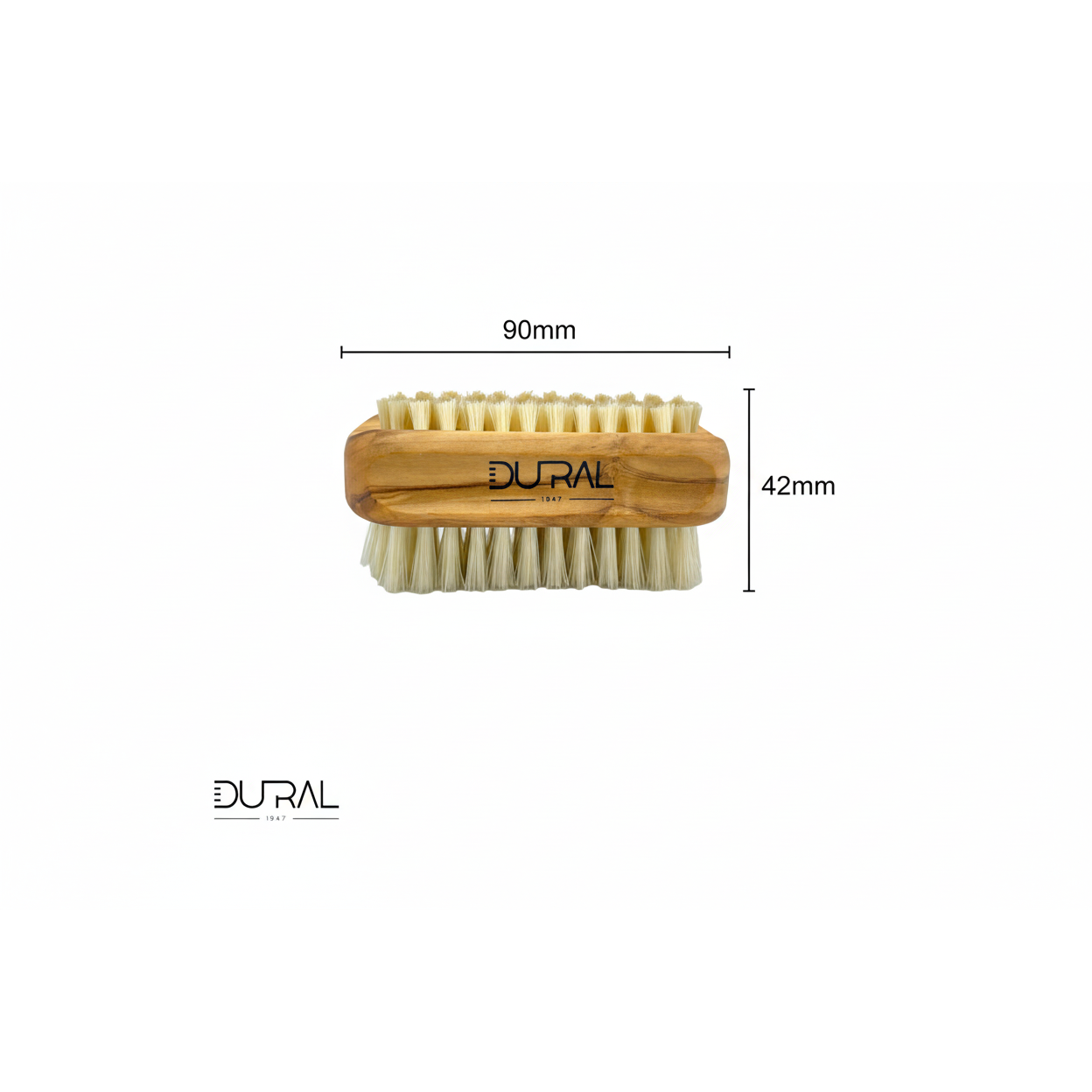 Dural olive wood nail brush with natural bristles, 6-8 rows, 90mm length, designed for hand and nail cleaning.