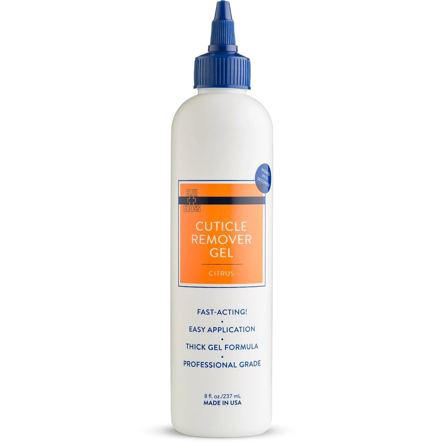 Blue Cross Cuticle Remover Gel in an 8 oz bottle, professional strength nail care product by Pasteur Pharmacy.