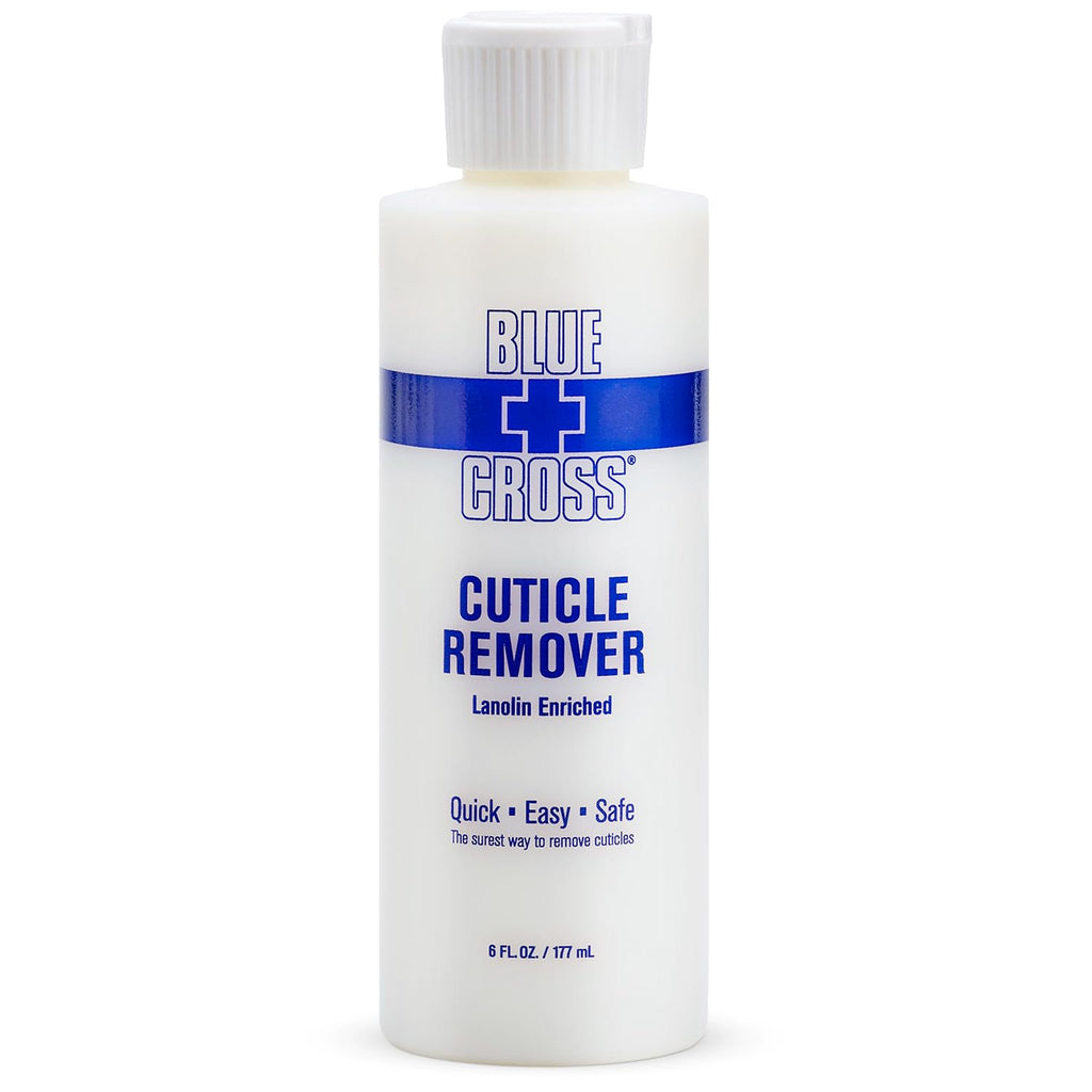 Blue Cross Professional Hydrating Liquid Cuticle Remover with Lanolin in a 6 fl oz bottle, used for nail care and cuticle softening.