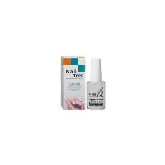 Nail Tek Quicken fast-drying top coat from Pasteur Pharmacy, 0.5 fl oz, shown in a clear bottle with a brush applicator for nail care.