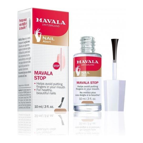 Mavala Stop nail care product in 0.3 oz bottle, designed to discourage nail biting with clear liquid for healthy nails.