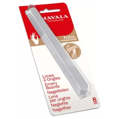 Set of 8 Mavala Emery Boards for nail care, featuring durable, smooth abrasive surfaces for shaping and filing nails.