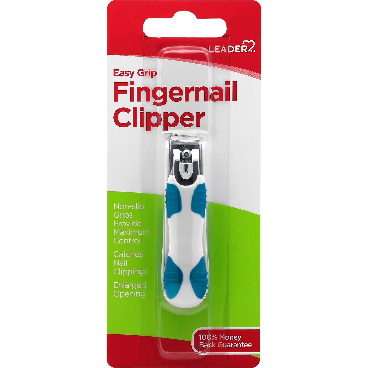 Leader Easy Grip Finger Nail Clipper by Pasteur Pharmacy, close-up of stainless steel nail clipper with ergonomic handle.