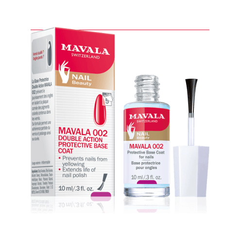 Mavala 002 Protective Base Coat for nails, 0.3 oz, in a clear bottle, designed to strengthen and protect natural nails.