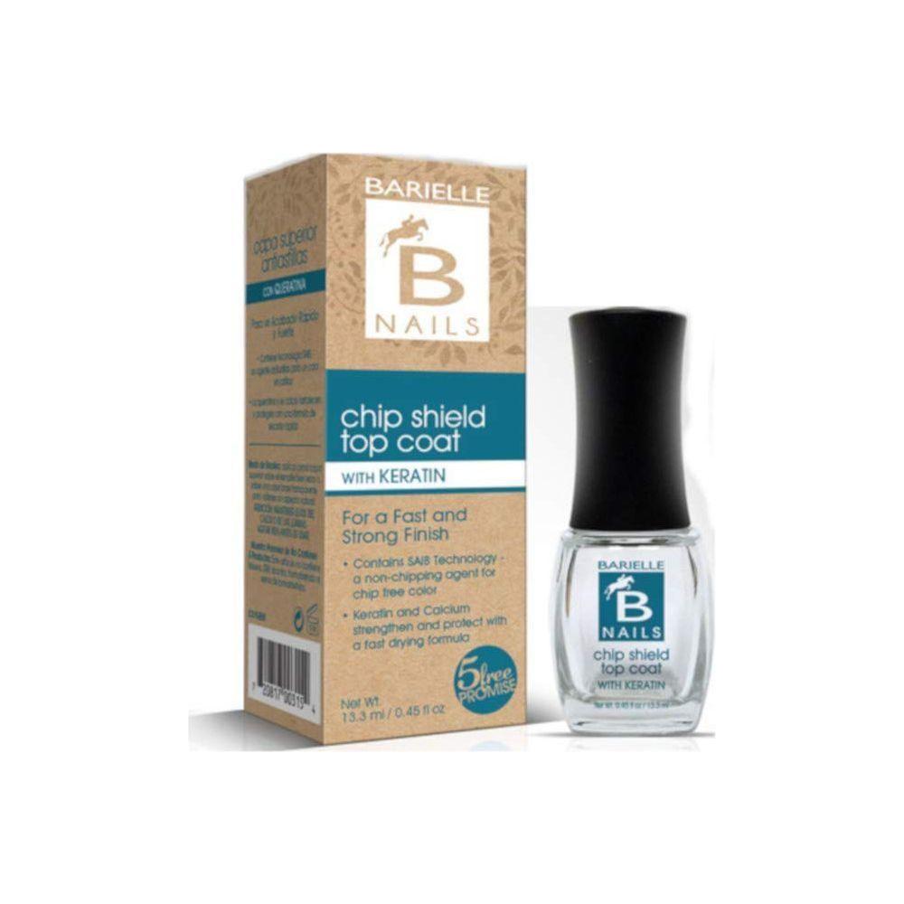 Barielle Nails Chip Shield Top Coat nail polish bottle, 0.5 oz, with clear label and brush applicator visible.