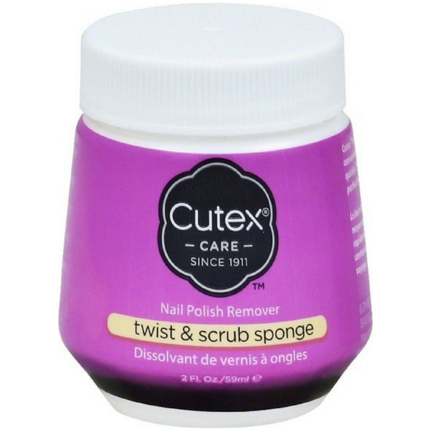 Cutex Twist & Scrub Nail Polish Remover jar by Pasteur Pharmacy, 2 oz, with twist-off lid and scrub applicator for easy removal.