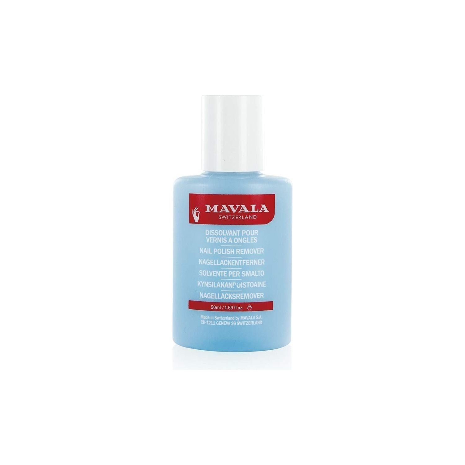 Mavala Mild Nail Polish Remover 1.7 oz in a clear bottle, designed to gently remove nail polish from natural nails.
