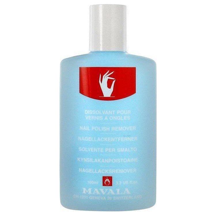 Mavala Nail Polish Remover 3.3 oz in clear bottle, gentle formula for removing nail polish, by Pasteur Pharmacy.