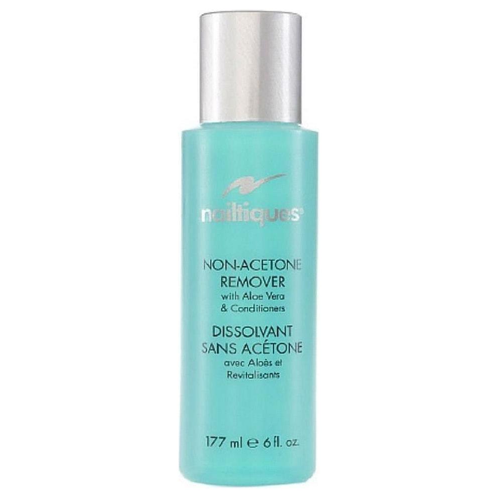 Nailtiques Non-Acetone Nail Polish Remover with Aloe Vera and Conditioner in a 6oz bottle, featuring a clear liquid inside