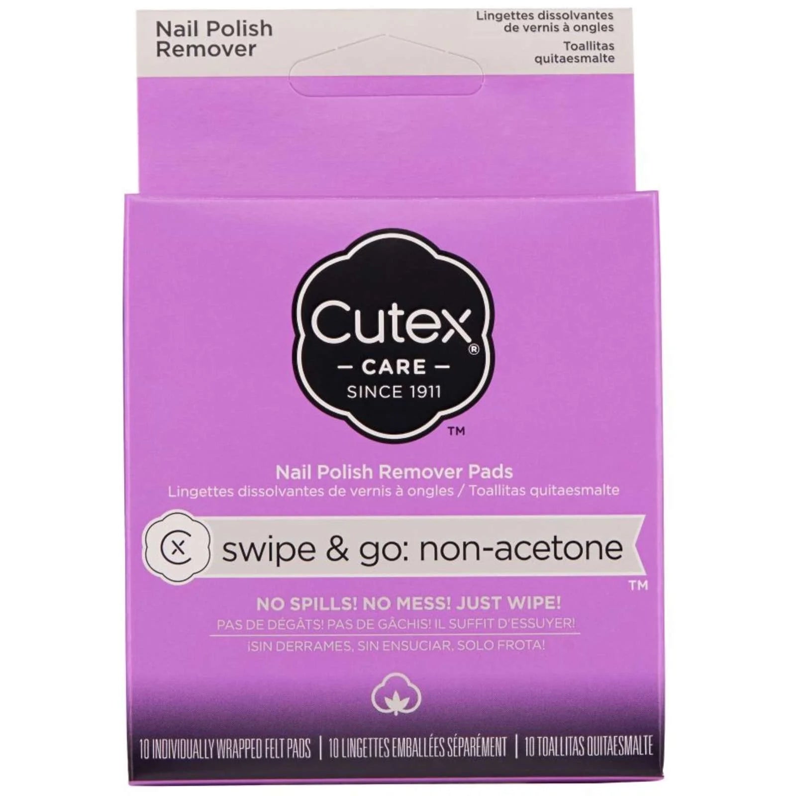 Pasteur Pharmacy Cutex nail polish remover pack with 10 soft gel wipes for gentle, effective nail polish removal.