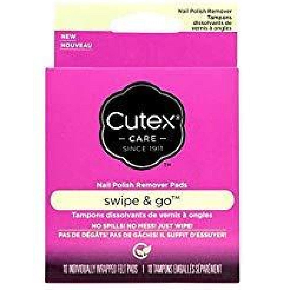 Cutex Swipe & Go Nail Polish Remover Pads by Pasteur Pharmacy, 10 count, easy-to-use nail polish remover pads in a resealable package.