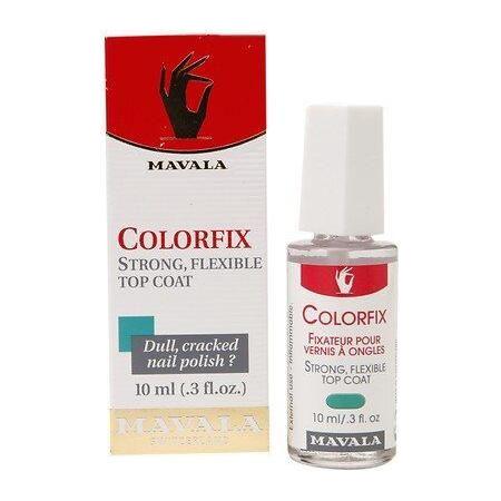 Mavala Colorfix strong flexible nail polish top coat in 0.3 oz bottle, clear finish with smooth, shiny surface.
