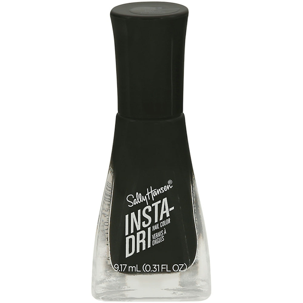 Sally Hansen Insta-Dri Black To Black nail polish in 0.31 fl oz bottle, quick-drying formula, shown in a clear bottle with black polish