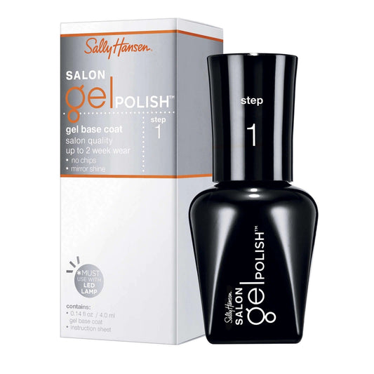 Sally Hansen Salon Gel Polish Base Coat 01 in a clear, glossy nail polish bottle with a brush applicator, perfect for gel manicure prep.
