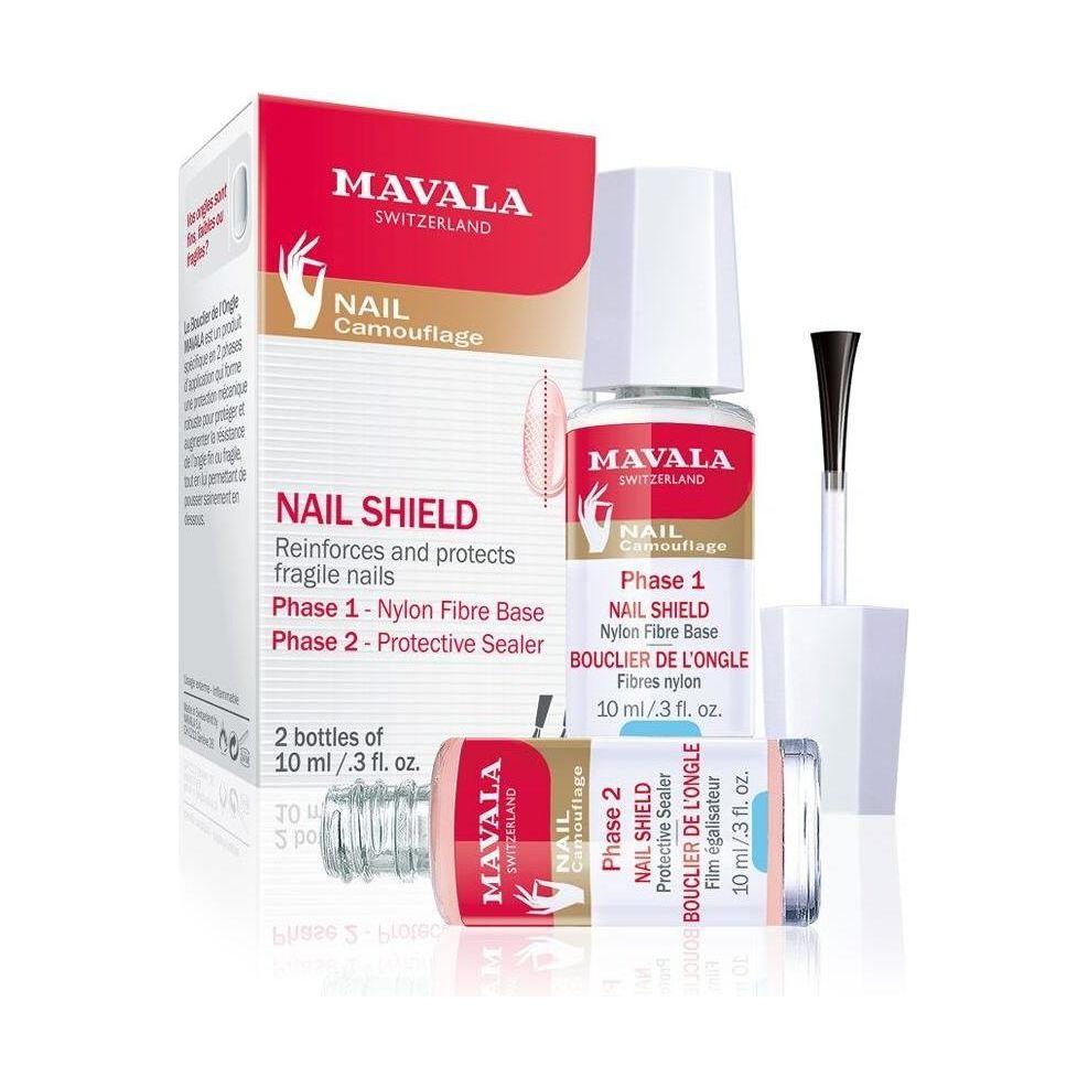 Two bottles of Mavala Nail Shield nail protection product by Pasteur Pharmacy, each containing 0.3 fl oz, displayed side by side.