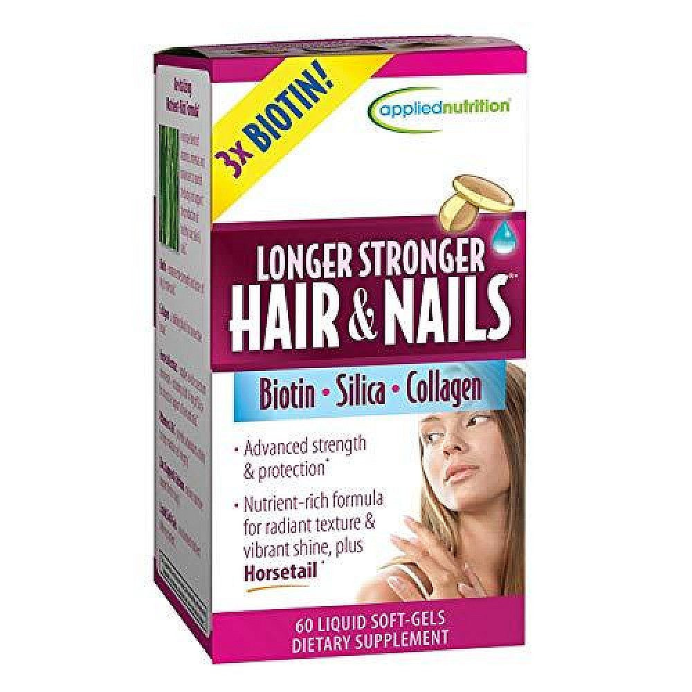 Applied Nutrition Longer Stronger Hair and Nails softgels by Pasteur Pharmacy, 60 liquid softgels for healthy hair and nails.