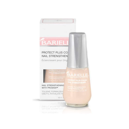 Barielle Protect Plus Color Nail Strengthener in beige, 0.5 oz, applied on nails for added strength and color protection