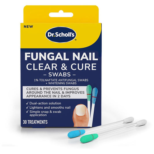 Dr. Scholl's Fungal Nail Clear & Cure Swabs for nails, showing applicator swabs and packaging for fungal nail treatment.