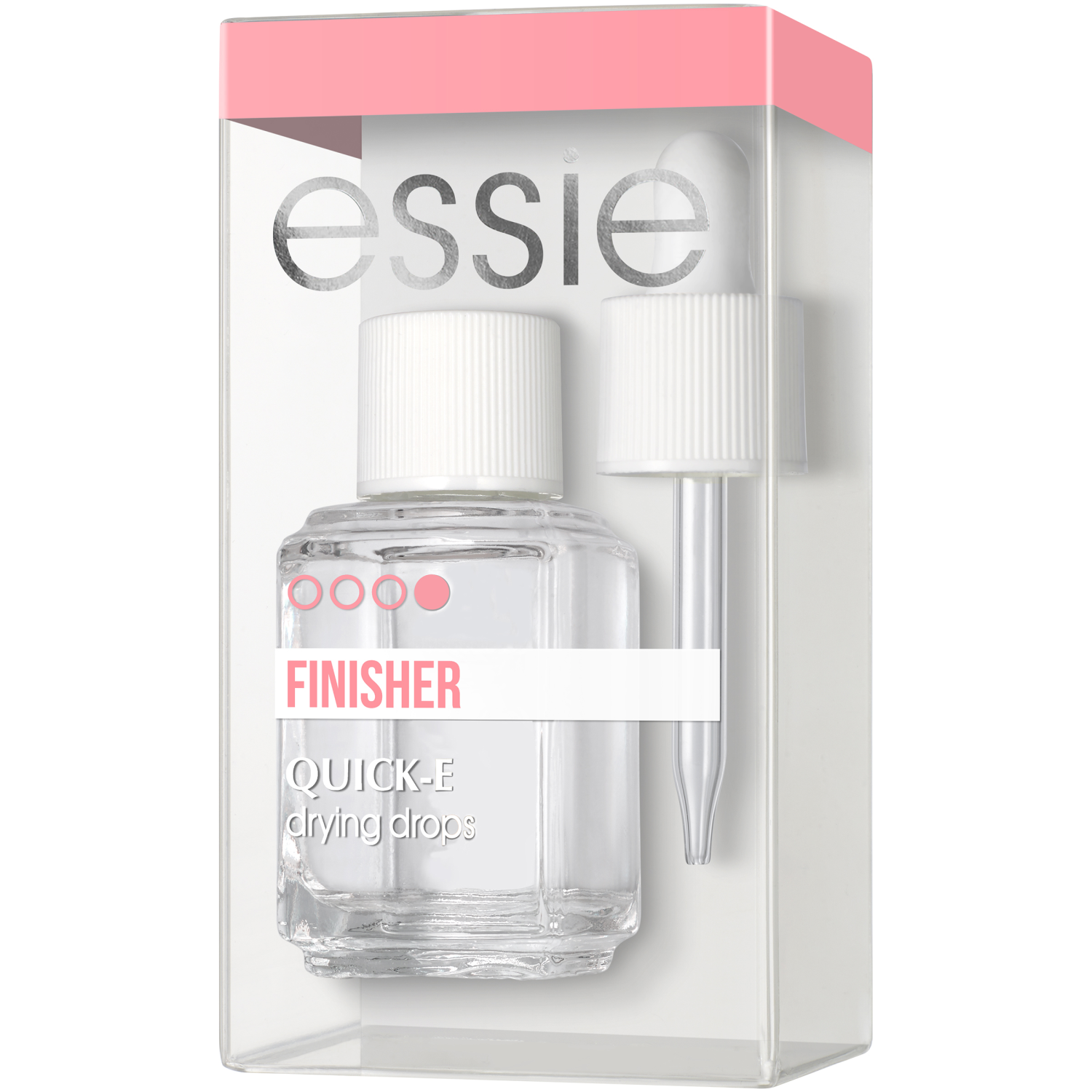 Essie Quick-E Drying Drops for nails, 0.46 oz, in a small dropper bottle with clear liquid for fast nail polish drying.