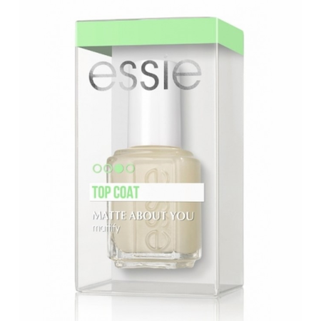 Essie Matte About You Top Coat for nails, 0.46 oz, provides a matte finish to nail polish, displayed in a clear bottle with black cap.