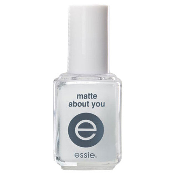 Essie Matte About You Top Coat for nails, featuring a matte finish on a clear bottle, displayed on a white background.