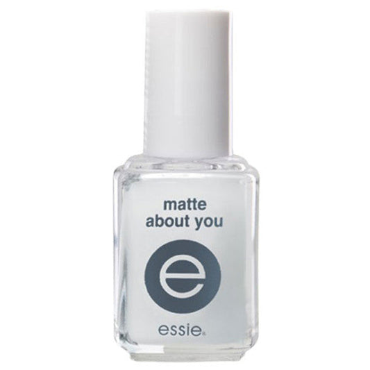 Essie Matte About You Top Coat for nails, featuring a matte finish on a clear bottle, displayed on a white background.