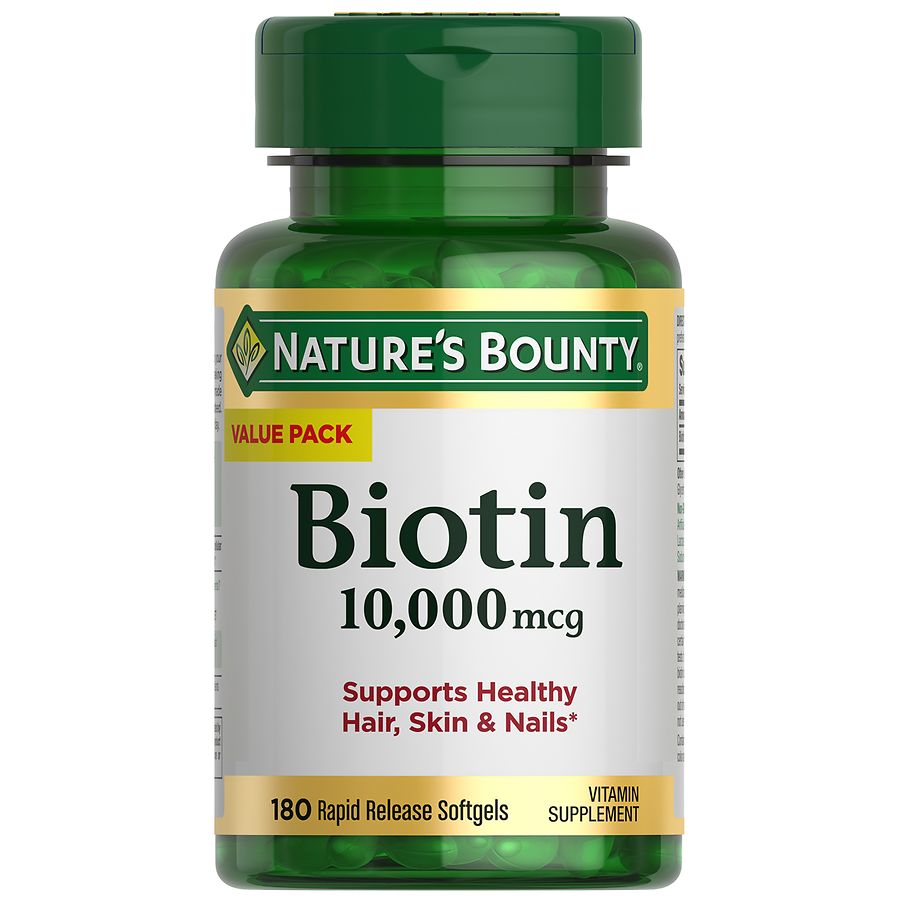 Nature’s Bounty Biotin 10,000 mcg rapid release softgels for strong nails, in a clear softgel capsule with softgel soft texture.