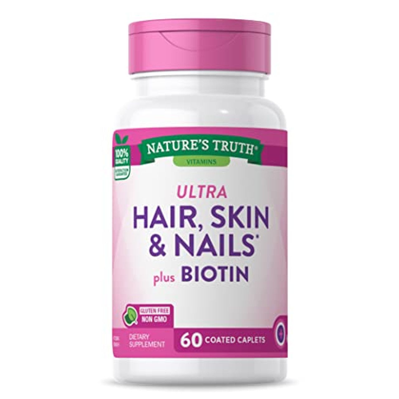 Nature's Truth Ultra Hair, Skin & Nails Plus Biotin coated caplets, dietary supplement for healthy nails, hair, and skin.