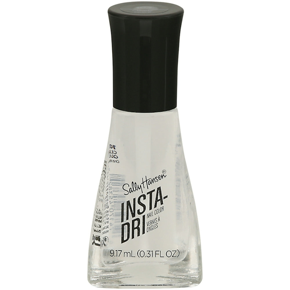 Sally Hansen Insta-Dri Clearly Quick Nail Polish applied on nails with a smooth, glossy finish, showcasing fast-drying nail color.