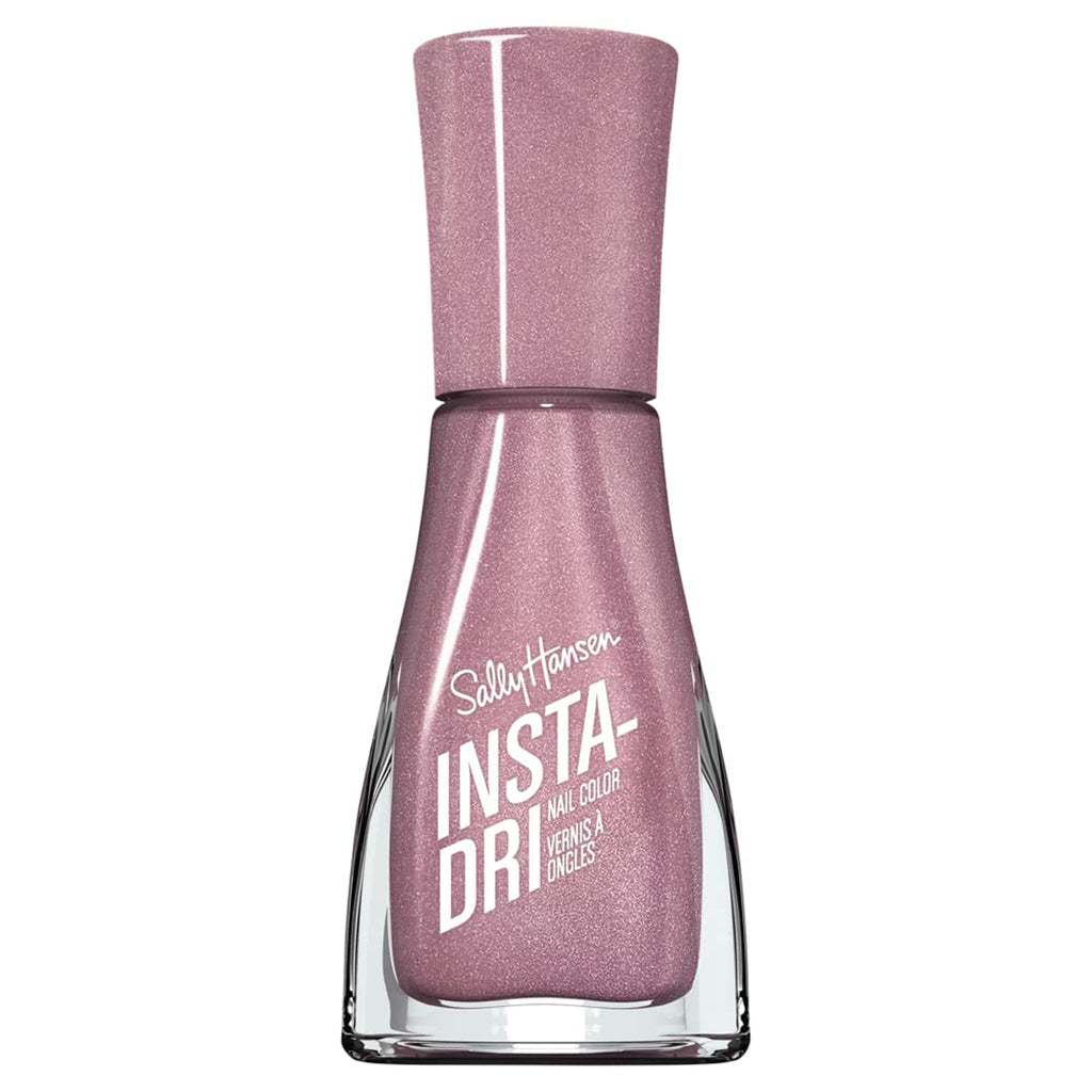 Sally Hansen Insta-Dri Petal to the Metal nail polish in a shiny metallic pink color on nails.