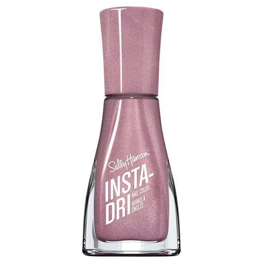 Sally Hansen Insta-Dri Petal to the Metal nail polish in a shiny metallic pink color on nails.