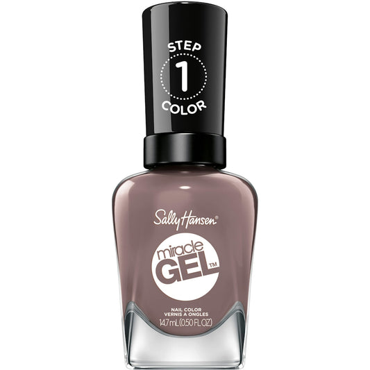 Sally Hansen Miracle Gel 205 To The Taupe nail polish on a nail, 0.5 oz bottle, showcasing a neutral taupe color and glossy finish.